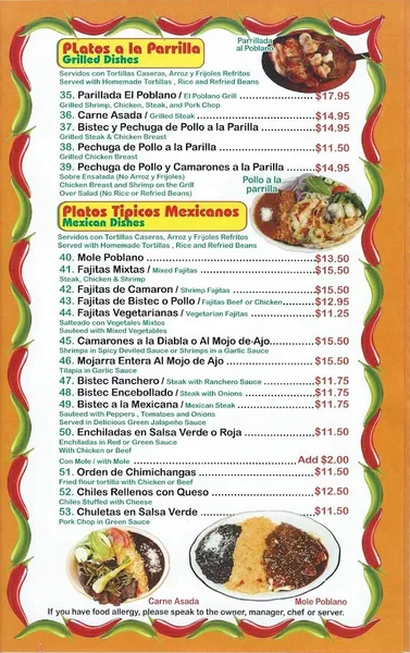 Menu Tacos El Poblano