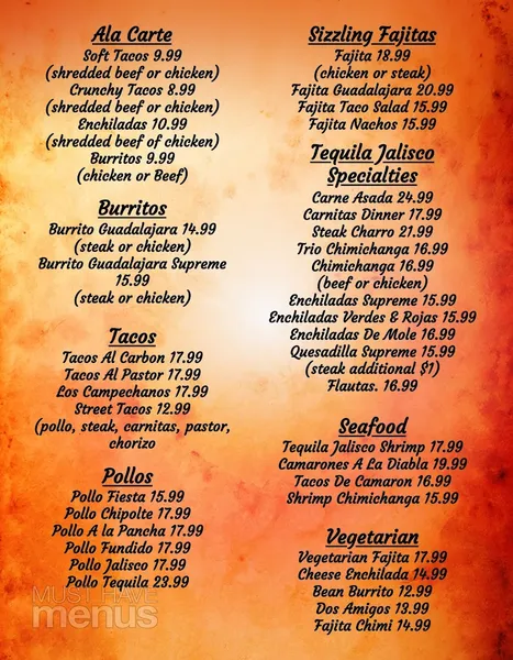 Menu Tequila Jalisco Mexican Restaurant