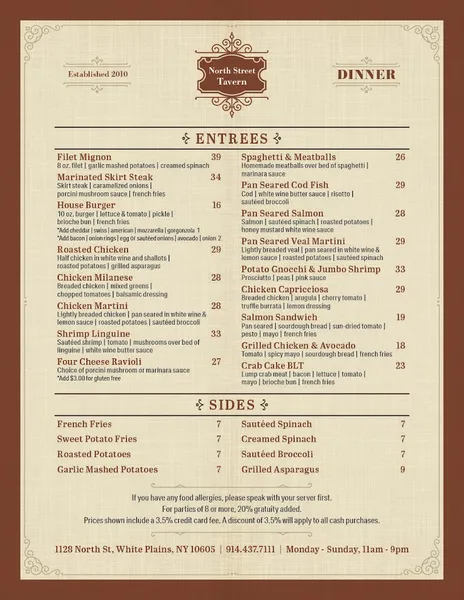 Menu North Street Tavern & Wood Fired Pizza