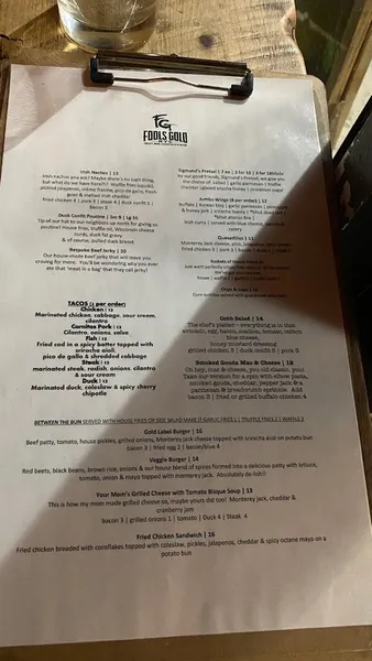 menu of Fools Gold NYC