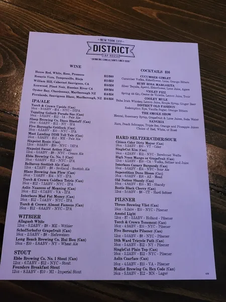 menu of District Tap House