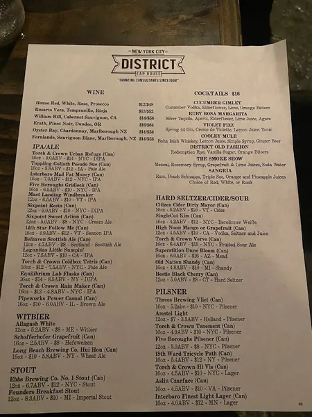 menu of District Tap House