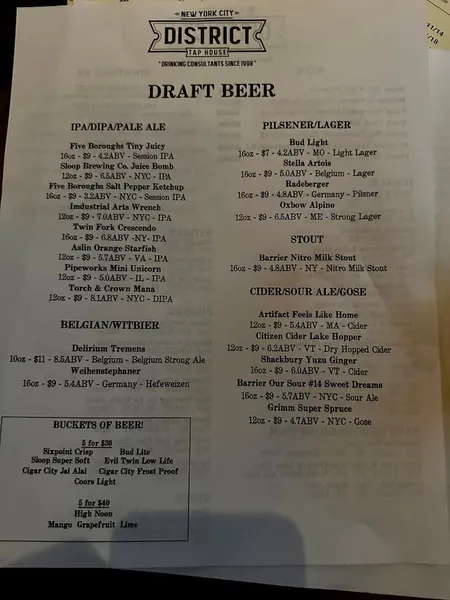 menu of District Tap House