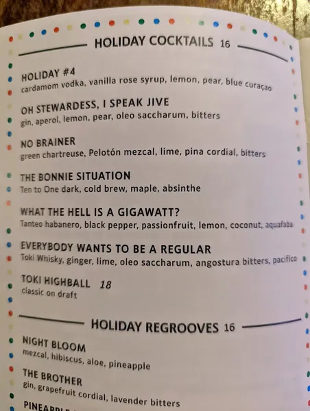 Menu Holiday Cocktail Lounge