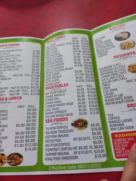 menu of Radhuni Sweets & Restaurant