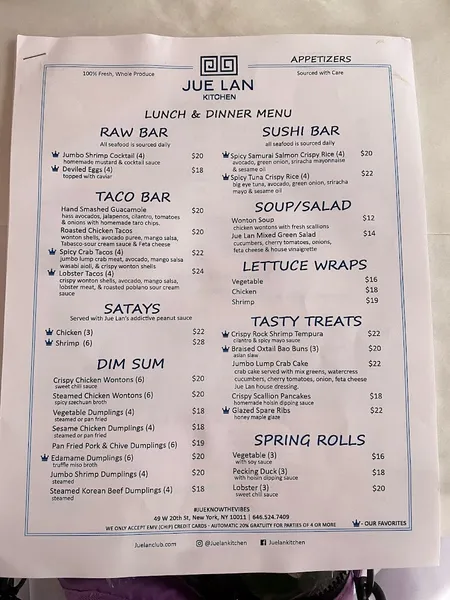 menu of Jue Lan Club