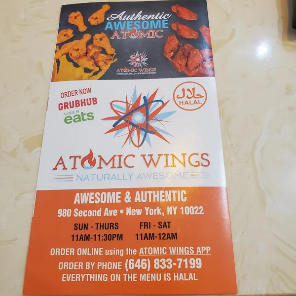 menu of Atomic Wings 2nd ave