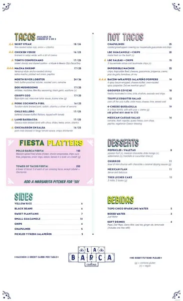 menu of La Barca Cantina