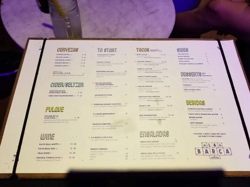 menu of La Barca Cantina