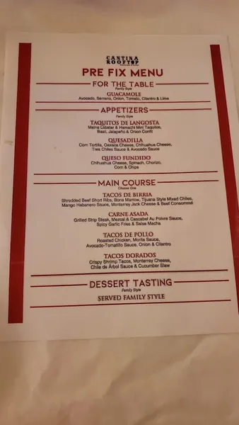 menu of Cantina Rooftop