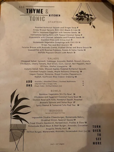 menu of Thyme & Tonic