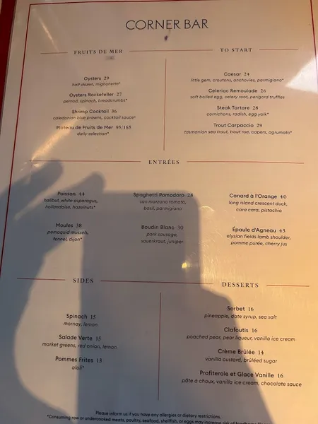 menu of Corner Bar