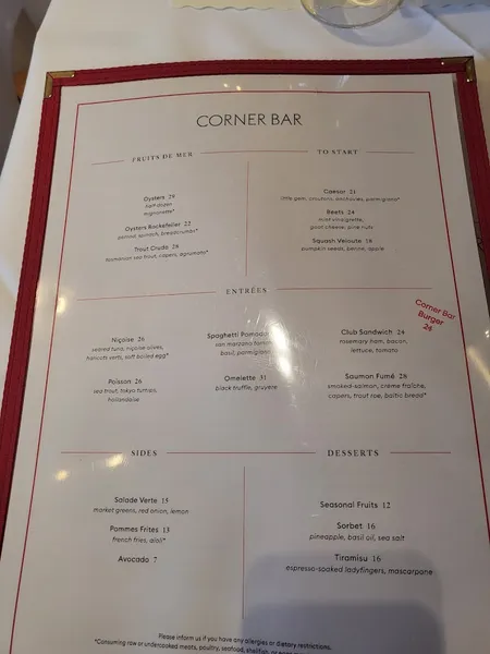 menu of Corner Bar