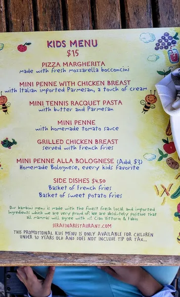 menu of Serafina Italian Restaurant Meatpacking