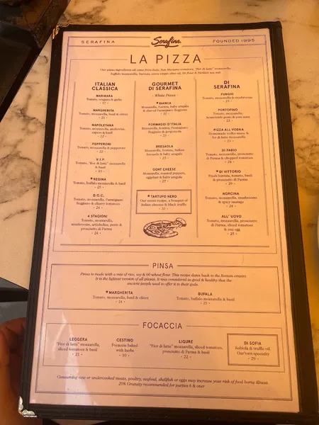 menu of Serafina Italian Restaurant Meatpacking