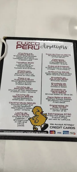 menu of Cuzco Peru