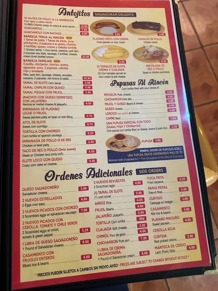 menu of Rincón Salvadoreño