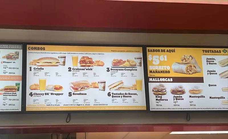 menu of Burger King