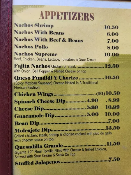 menu of El Palenque Mexican Grill