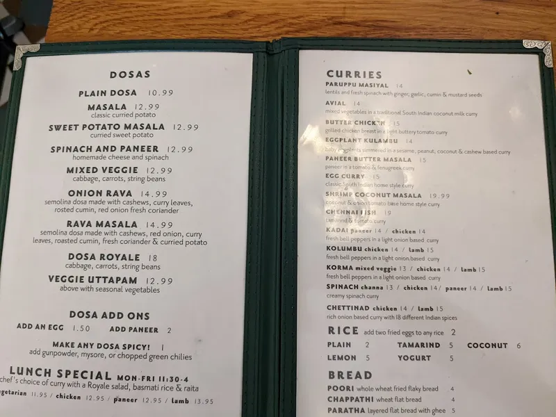 menu of Dosa Royale