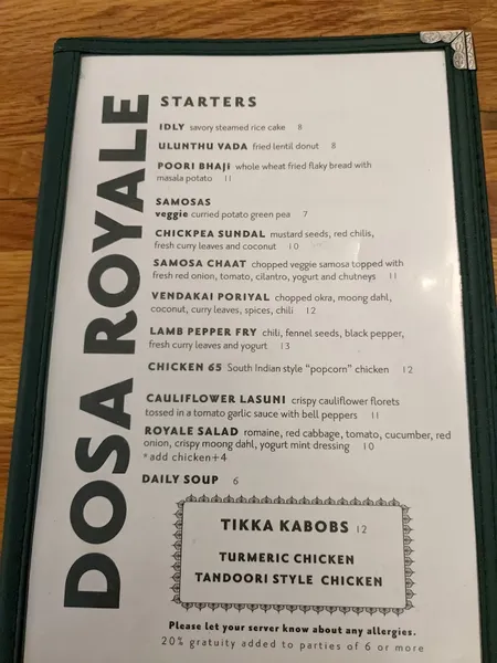 menu of Dosa Royale