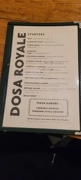 menu of Dosa Royale