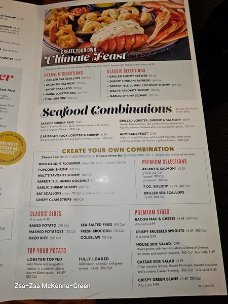 menu of Red Lobster