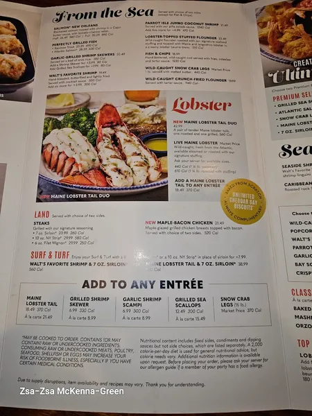 menu of Red Lobster