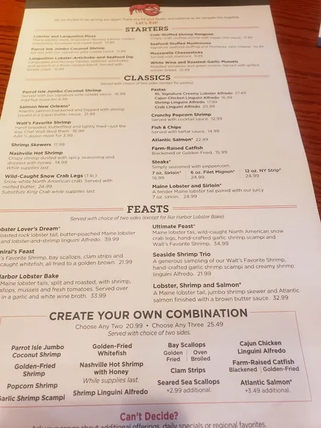 menu of Red Lobster