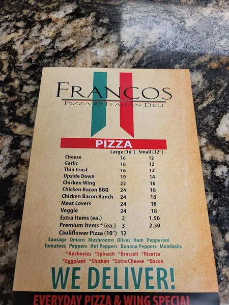 menu of Franco's Pizza & Italian Deli