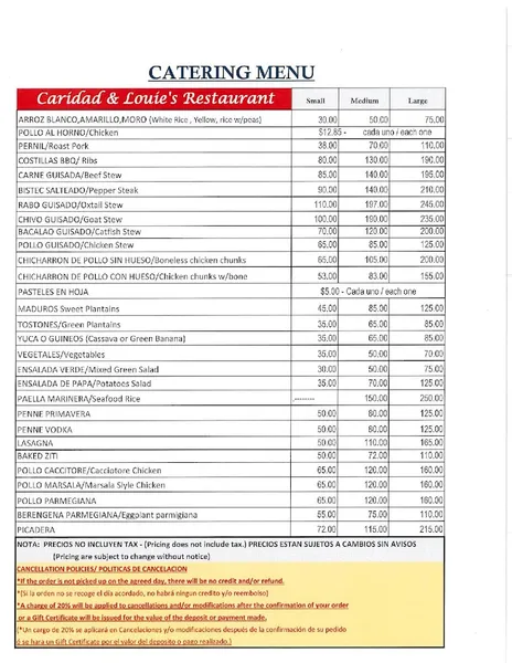 menu of Caridad & Louie's Restaurant