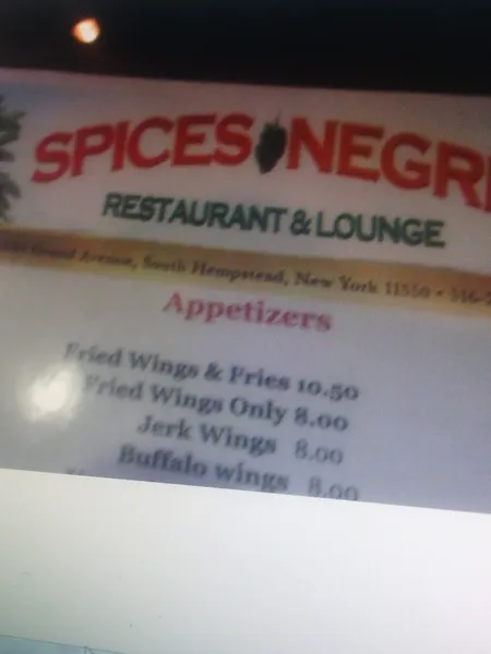 menu of Spices Negril Restaurant & Lounge