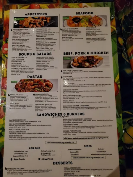 menu of Rainforest Cafe