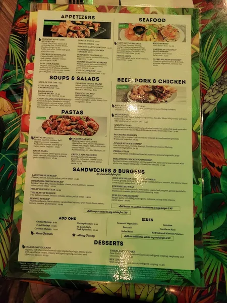 menu of Rainforest Cafe