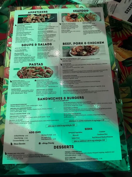 menu of Rainforest Cafe