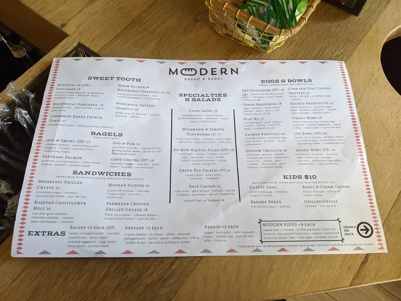 Menu Modern Bread and Bagel