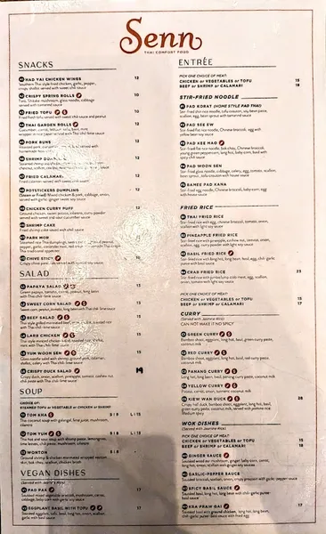 Menu Senn Thai Comfort Food