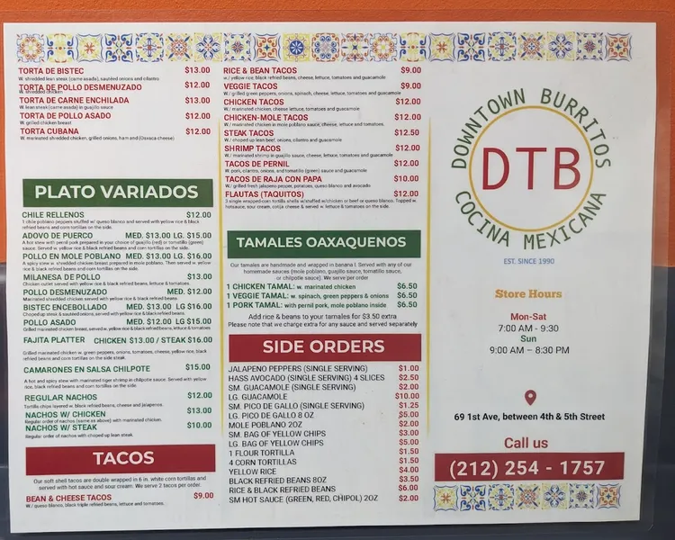 Menu Downtown Burritos