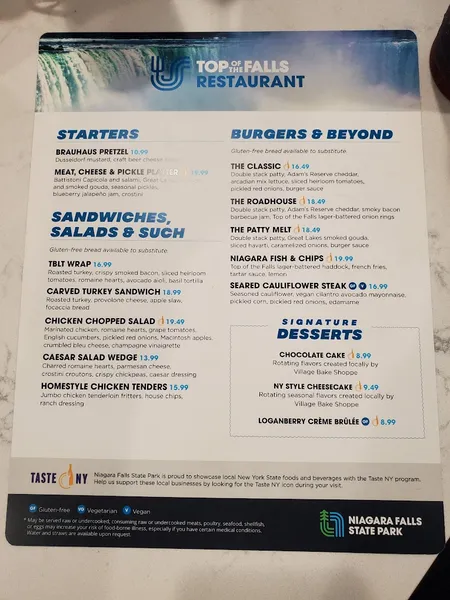 menu of Top of the Falls