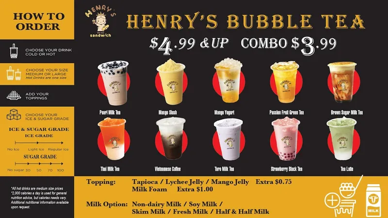 menu of Henry’s Sandwich & Bubble Tea