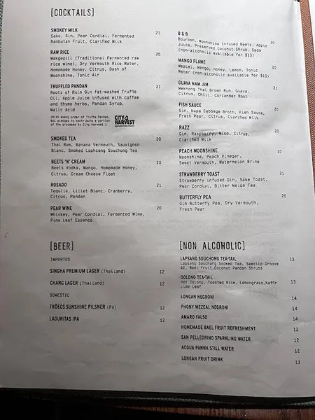 menu of Bangkok Supper Club