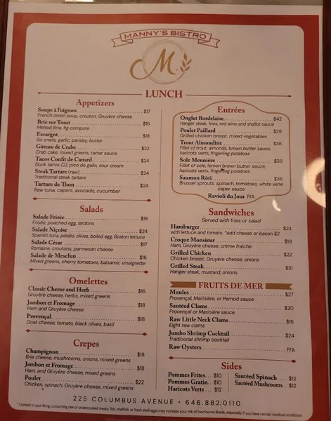 menu of Manny’s Bistro