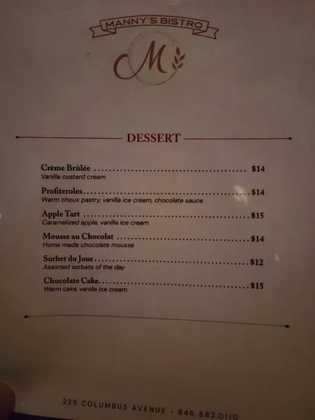 menu of Manny’s Bistro