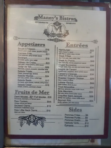 menu of Manny’s Bistro