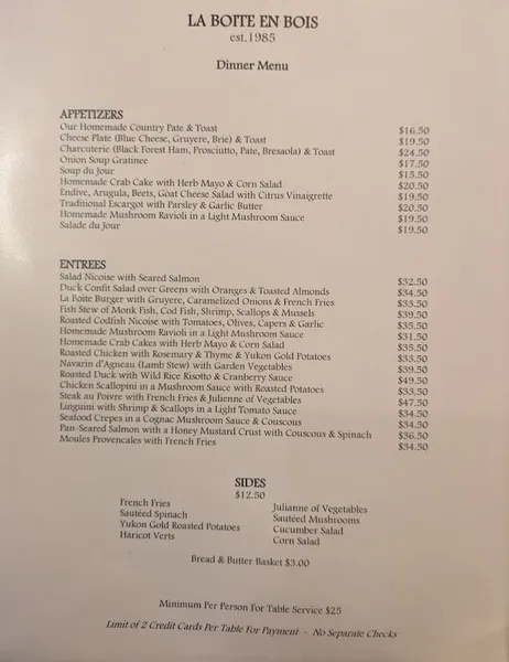 menu of La Boite en Bois