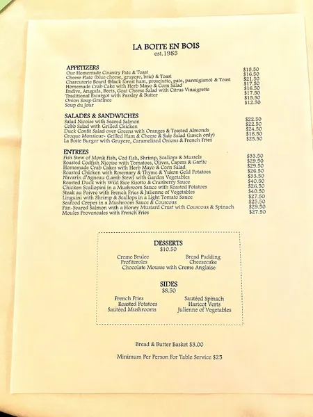 menu of La Boite en Bois