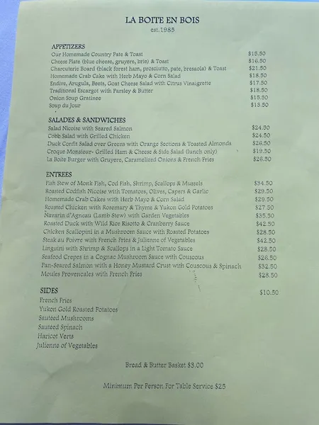 menu of La Boite en Bois