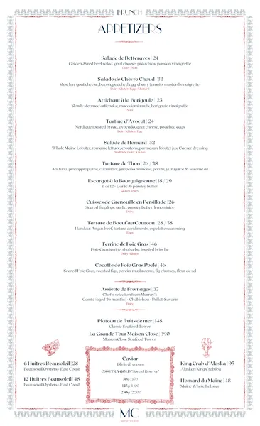 menu of Maison Close Restaurant