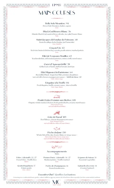 menu of Maison Close Restaurant