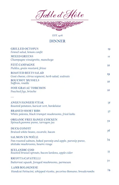 menu of Table d'Hôte